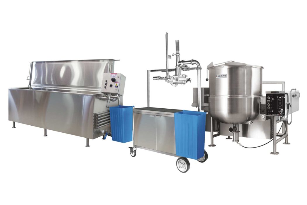 image of a Cleveland mixer kettle with food pump and cook chill tanks.