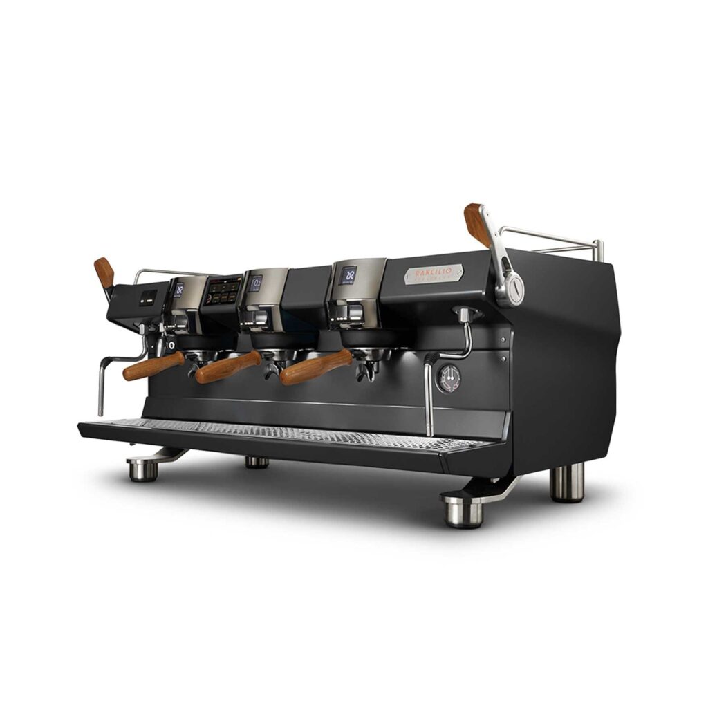 image of a Rancilio Specialty RS1: multi-boiler espresso machine with Advanced Temperature Profiling technology, stainless steel body panels and touchscreen interface.