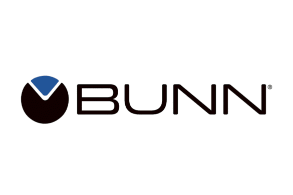 BUNN logo with a black circular shape featuring a blue segment, followed by the word "BUNN" in bold, black uppercase letters on a white background.