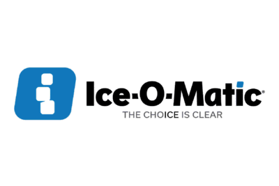 Ice-O-Matic logo with three ice cubes in a blue square and the tagline "THE CHOICE IS CLEAR" beneath the brand name in black text on a white background.