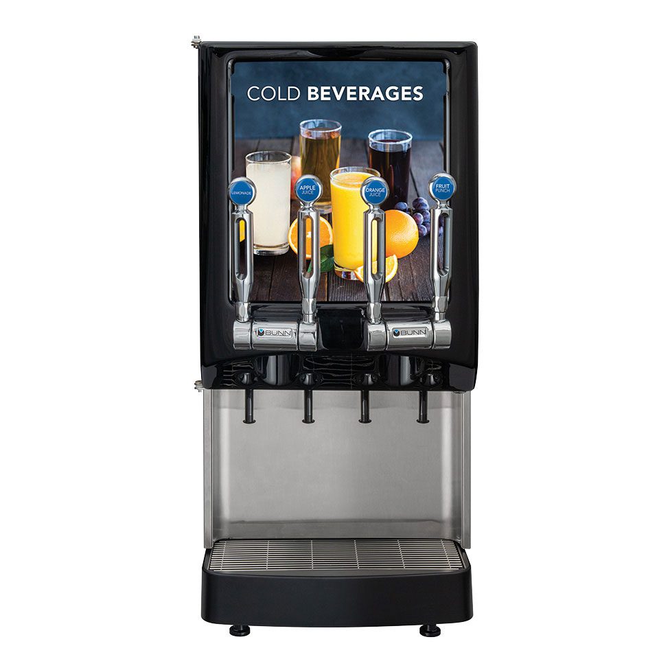 BUNN self-service beverage dispenser with four drink option levers, labeled with pictures of assorted cold drinks and fruit on the display panel—perfect for global beverage dispensing solutions.