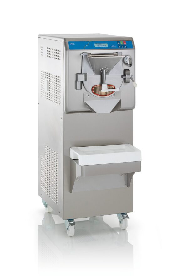 A commercial ice cream or gelato machine on wheels with a blue control panel, dispensing spout, and a white tray beneath for collecting the product.