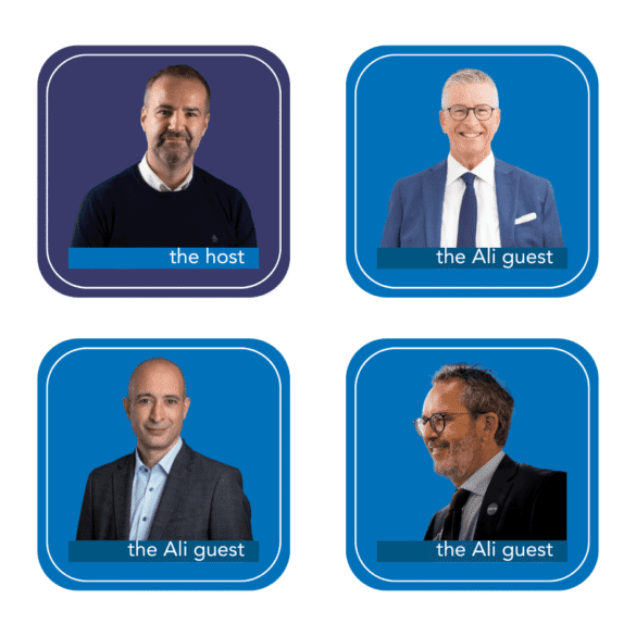 Four men are shown in separate blue-framed squares; one is labeled "the host" and the other three as "the Ali guest" on Kitchen Curiosity with Scotsman.