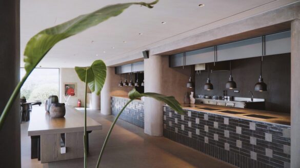 Modern kitchen with a long counter, hanging pendant lights, tiled backsplash, and a wooden dining table in the foreground with large green leaves.