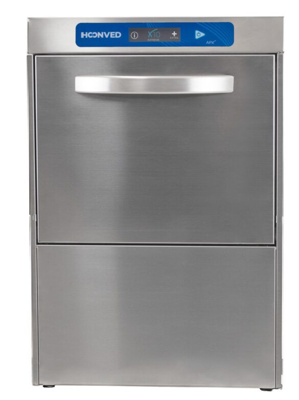 A stainless steel commercial dishwasher with a horizontal handle and a blue digital control panel at the top.