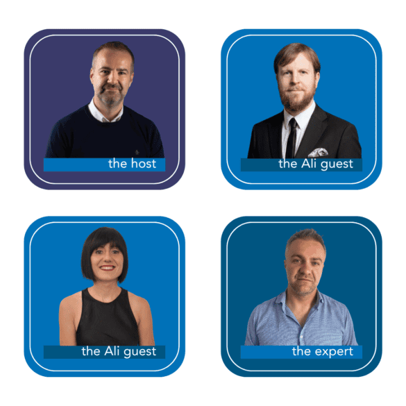 Four people are pictured in labeled boxes: “the host,” “the Ali guest” (appears twice), and “the expert,” each with a solid color background, reflecting the vibrant energy of Kitchen Curiosity with Scotsman.