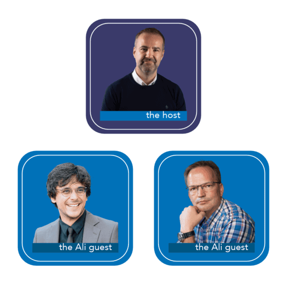 Three framed headshots for Kitchen Curiosity with Scotsman: a man labeled “the host” at the top, and two men both labeled “the Ali guest” below.